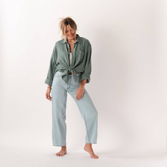 NWT - Lotus and Luna: Boyfriend Button Up Shirt  - Sage - Picture 2 of 9